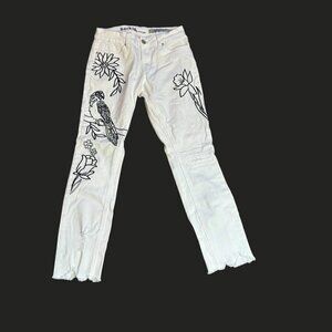 Rocks & Indigo Raw Hem White Skinny Parrot Embroidered Jeans Size 10/29